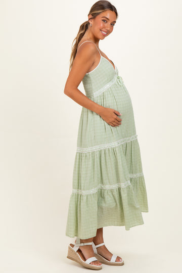 Mint Cream Printed Lace Tiered Maternity Maxi Dress