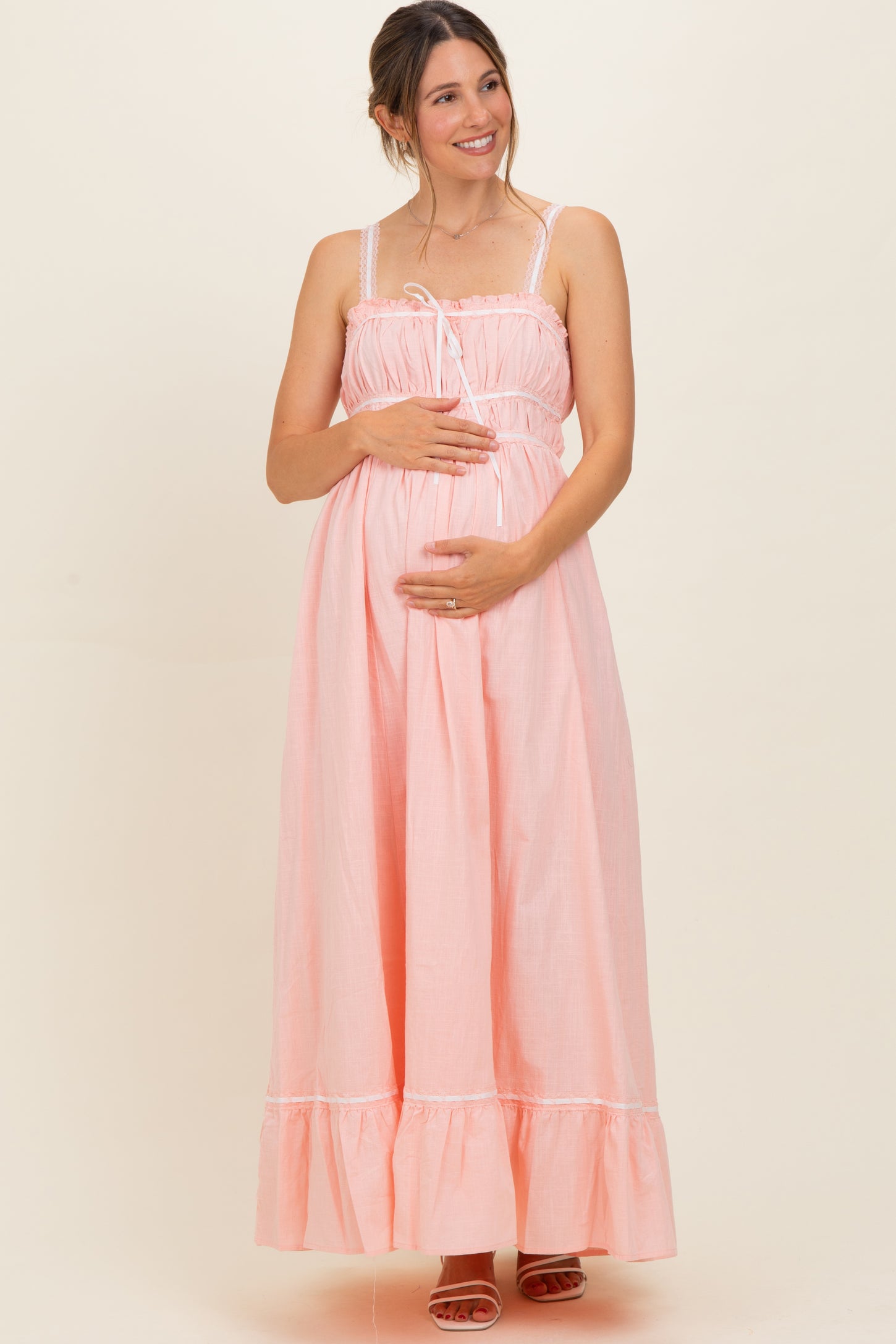 Soft Pink Lace Ribbon Detail Maternity Maxi Dress