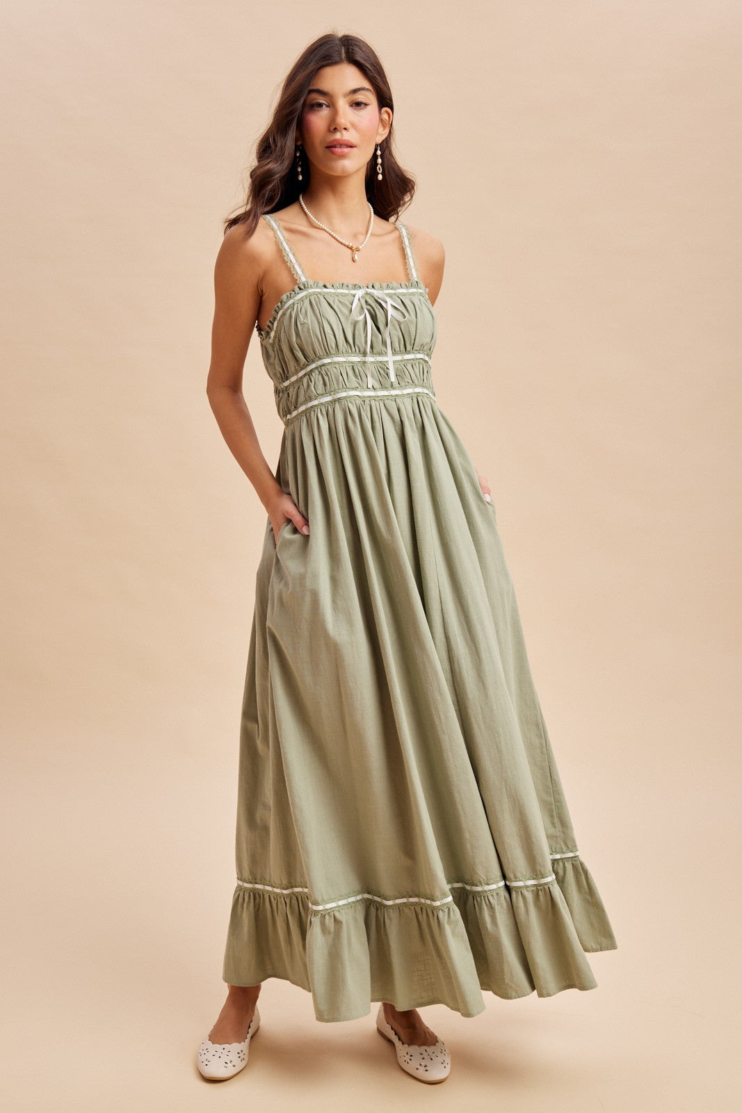 Light Olive Lace Ribbon Detail Maxi Dress