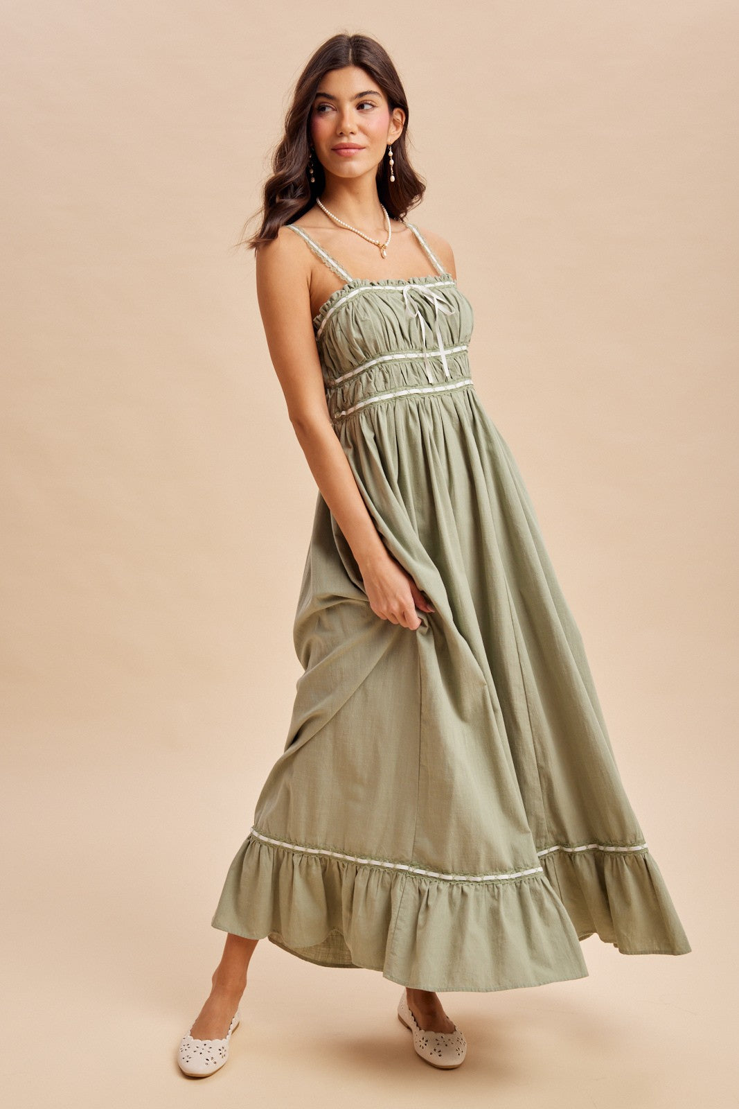 Light Olive Lace Ribbon Detail Maxi Dress