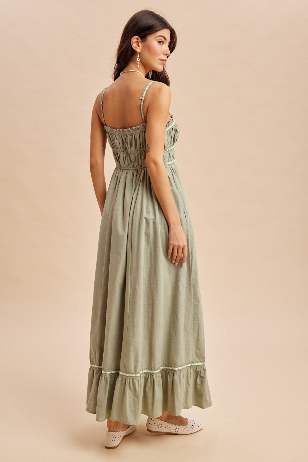 Light Olive Lace Ribbon Detail Maxi Dress