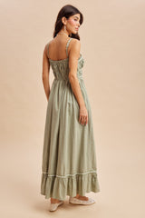 Light Olive Lace Ribbon Detail Maxi Dress