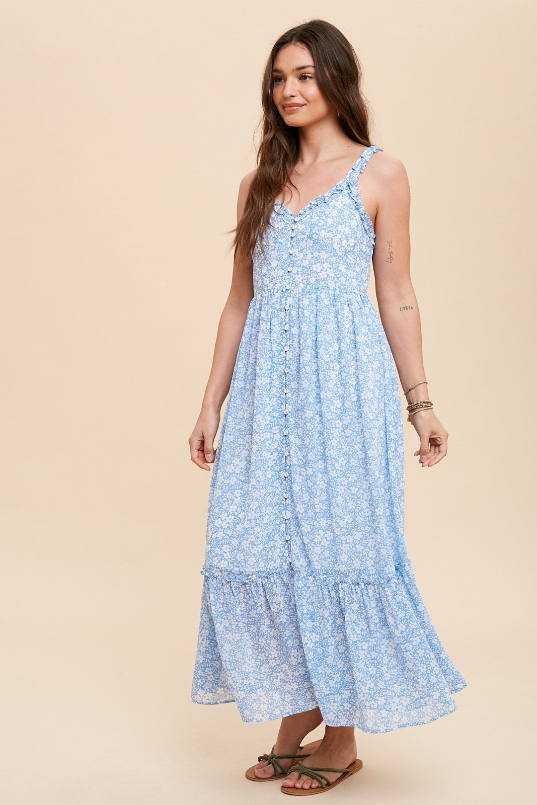 Cornflower Blue Floral Ruffle Strap Button Down Dress