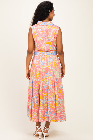 Peach Pink Colorblock Floral Button Down Maternity Midi Dress