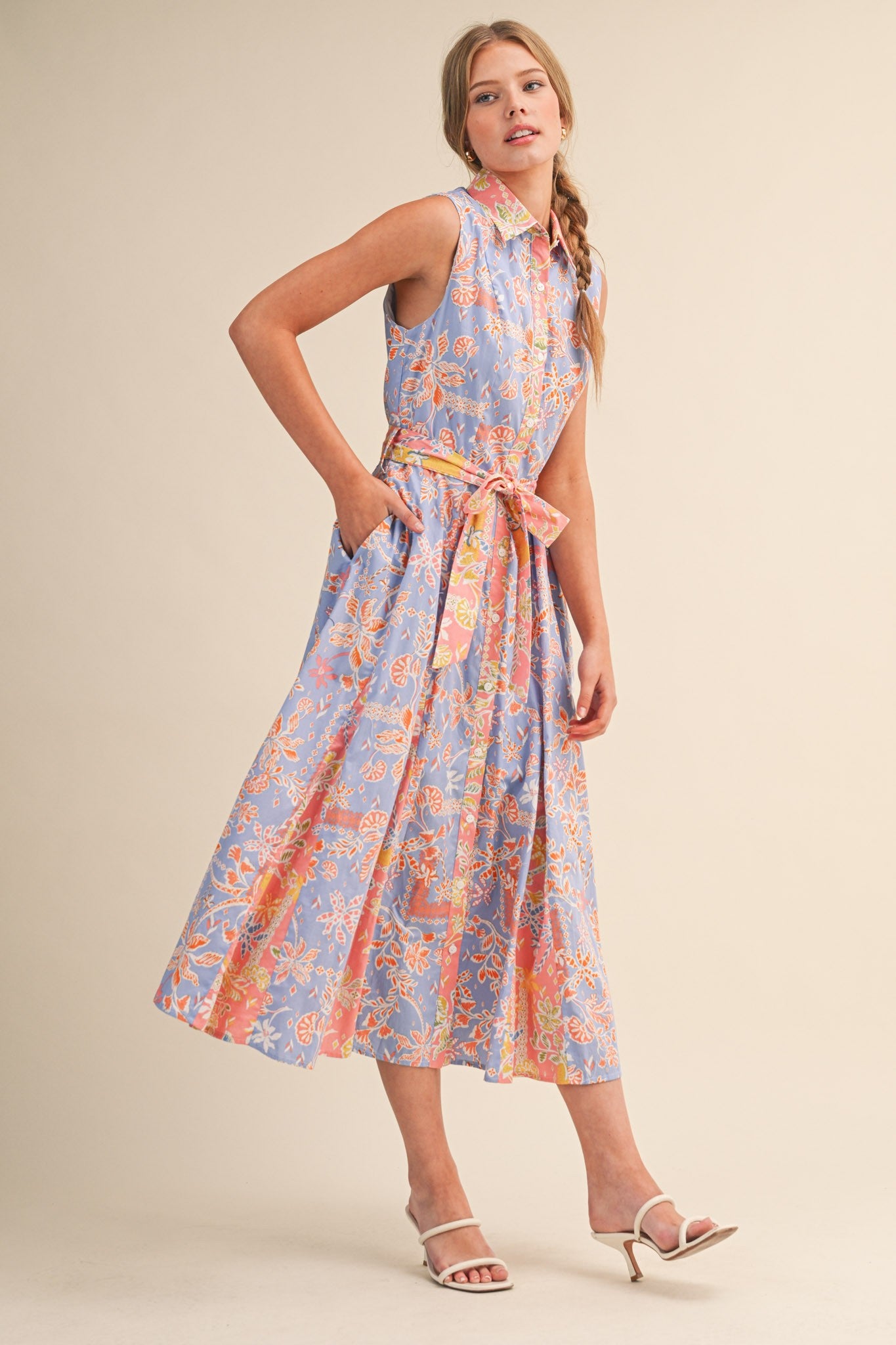 Cornflower Blue Colorblock Floral Button Down Midi Dress
