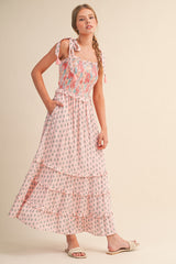Pink Peach Multi Floral Smocked Midi Dress