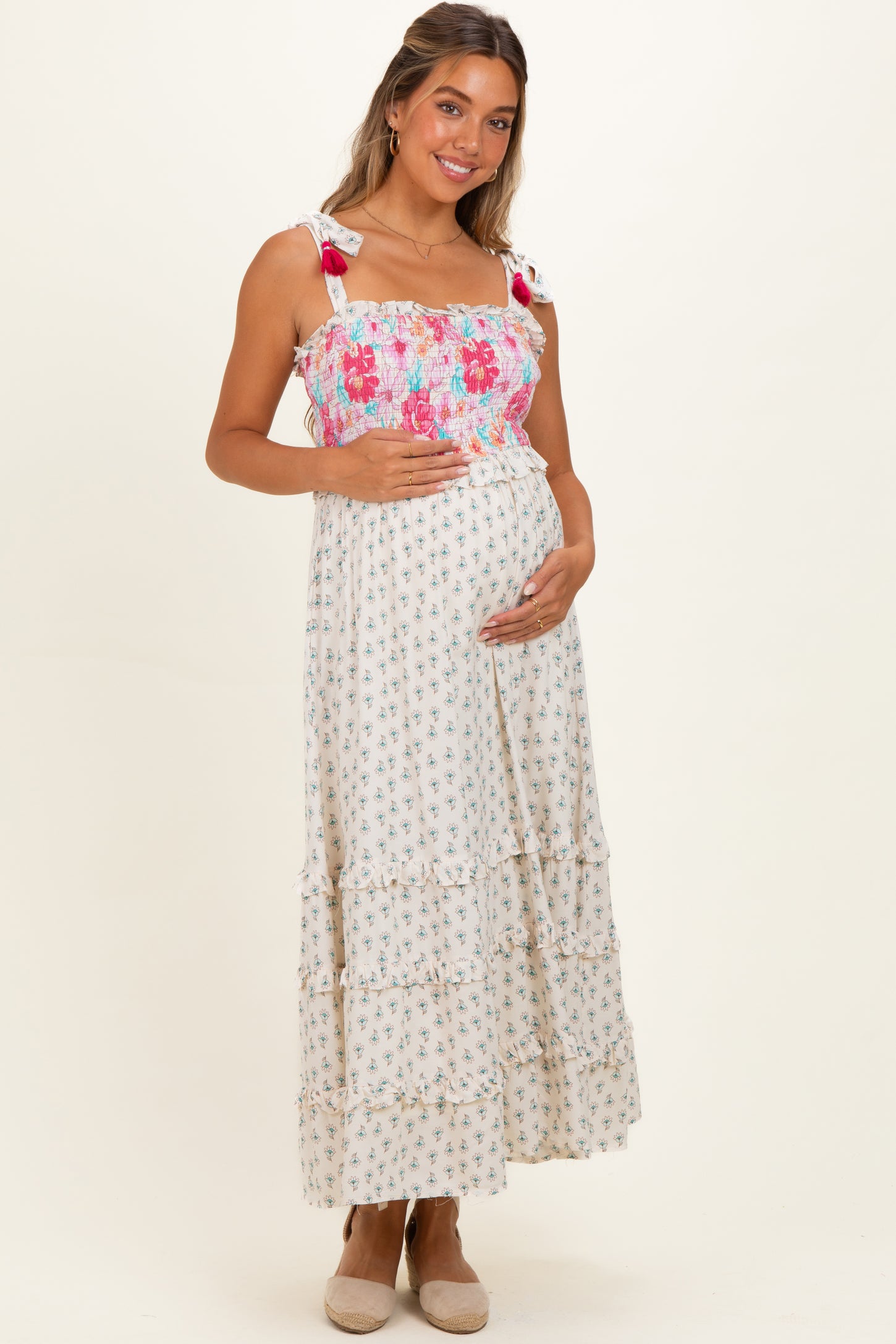 smocked midi maternity dress Light Blue Floral Smocked Maternity Midi Dress