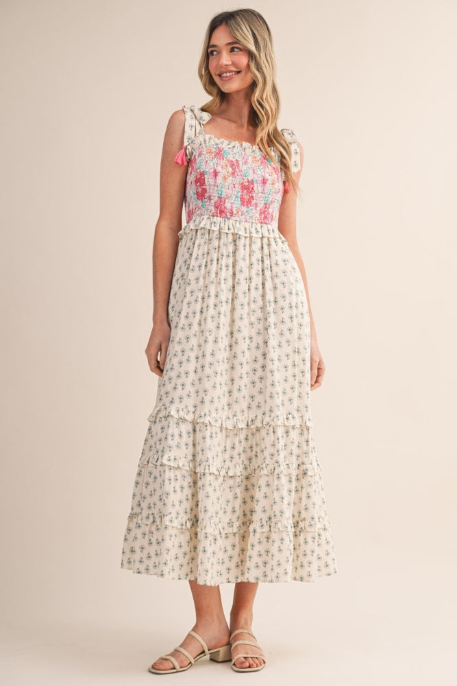 multi floral midi dress Off White Multi Floral Smocked Midi Dress