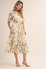 Cream Floral Belted Tiered Midi Dress