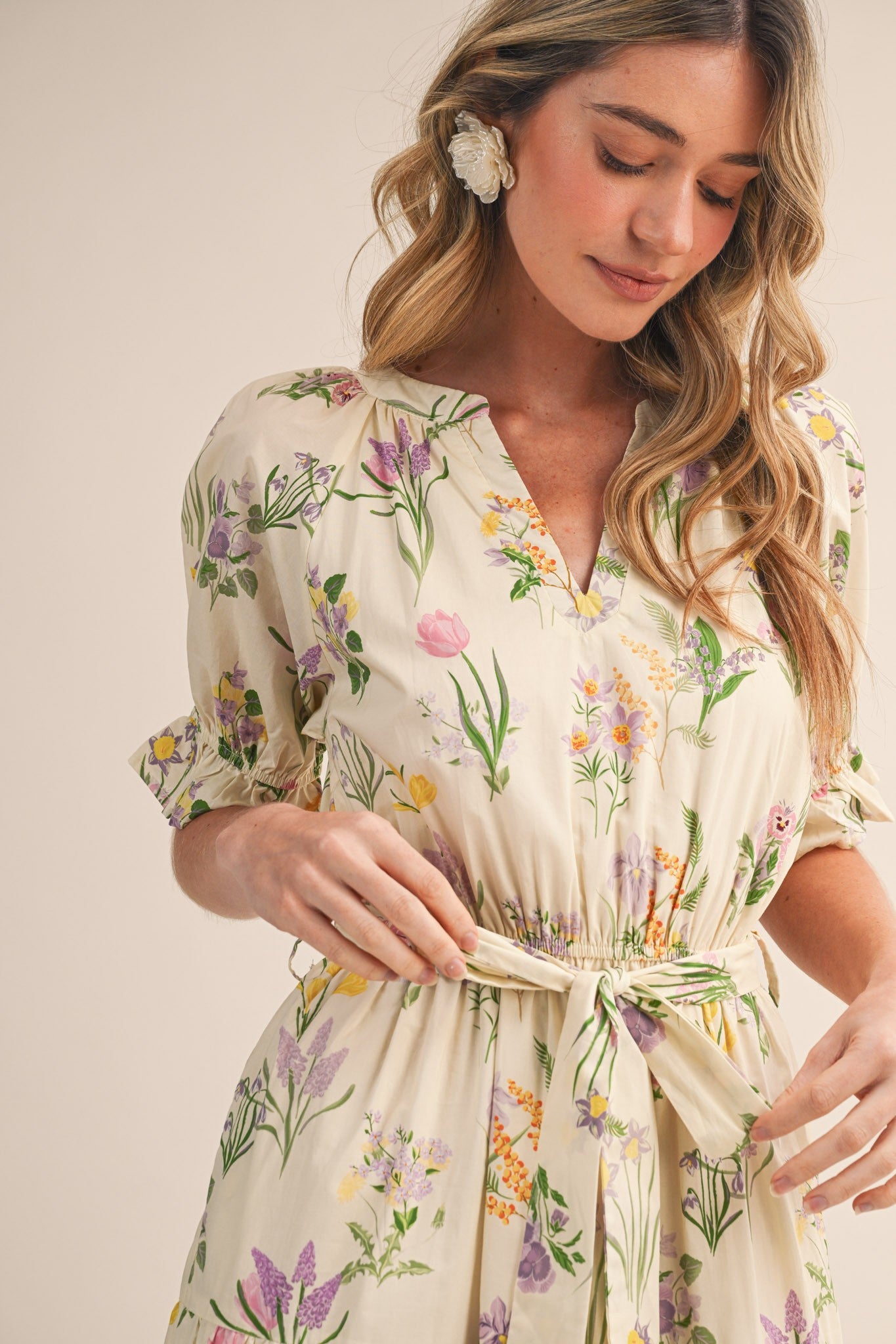 Cream Floral Belted Tiered Midi Dress