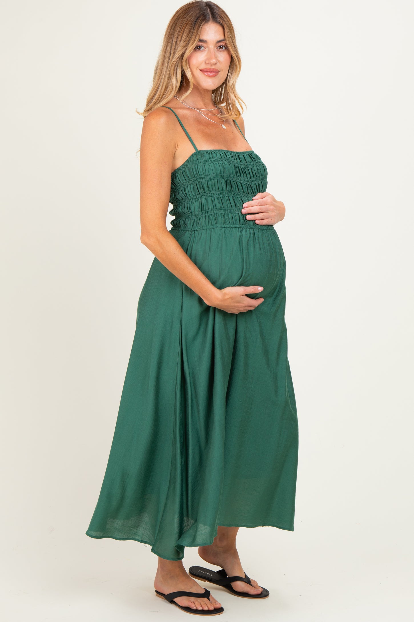 Kelly Green Smocked Thin Strap Maternity Midi Dress