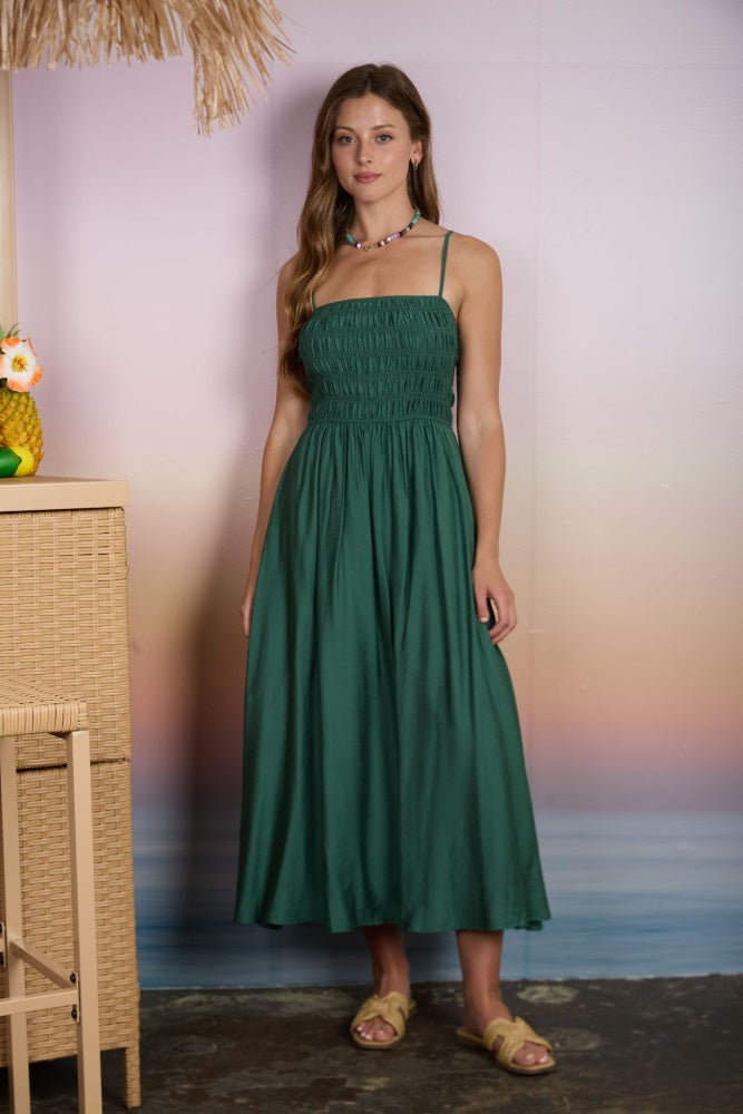 Kelly Green Smocked Thin Strap Midi Dress