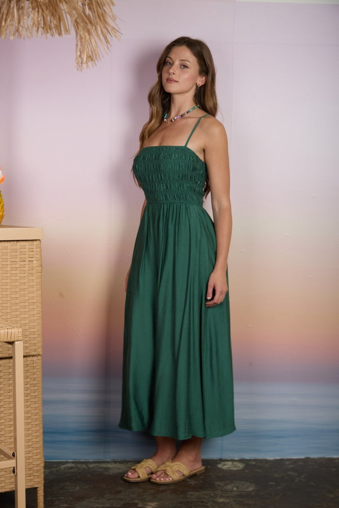 Kelly Green Smocked Thin Strap Midi Dress – PinkBlush