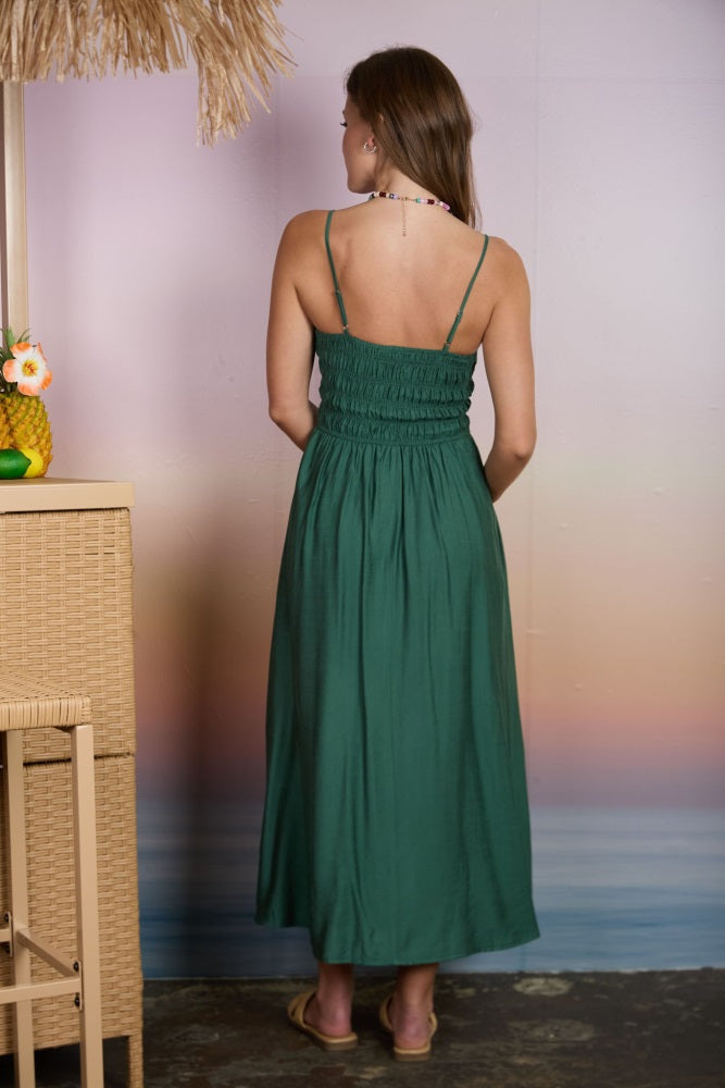 Kelly Green Smocked Thin Strap Midi Dress