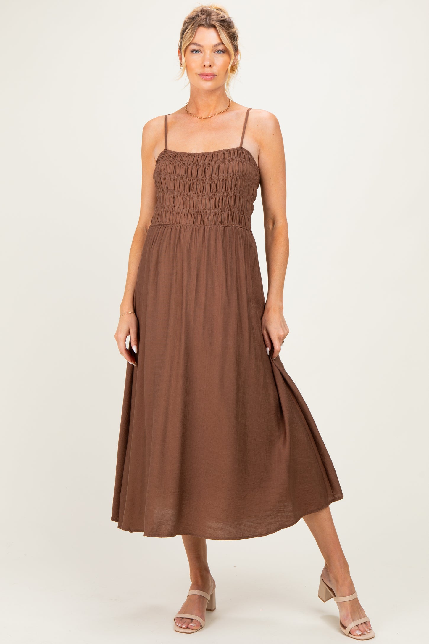 Brown Smocked Thin Strap Maternity Midi Dress – PinkBlush