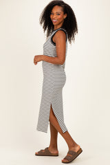 Black Striped Solid Trim Sleeveless Midi Dress