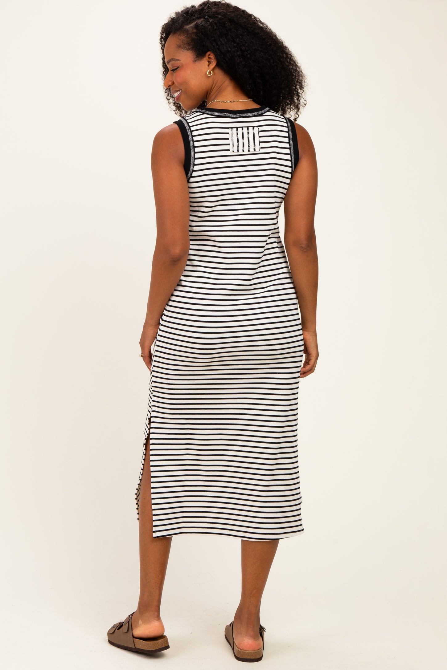 Black Striped Solid Trim Sleeveless Midi Dress