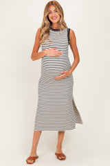 Black Striped Solid Trim Sleeveless Maternity Midi Dress