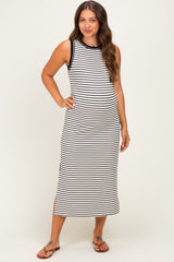 Black Striped Solid Trim Sleeveless Maternity Midi Dress