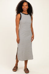 Black Striped Solid Trim Sleeveless Maternity Midi Dress