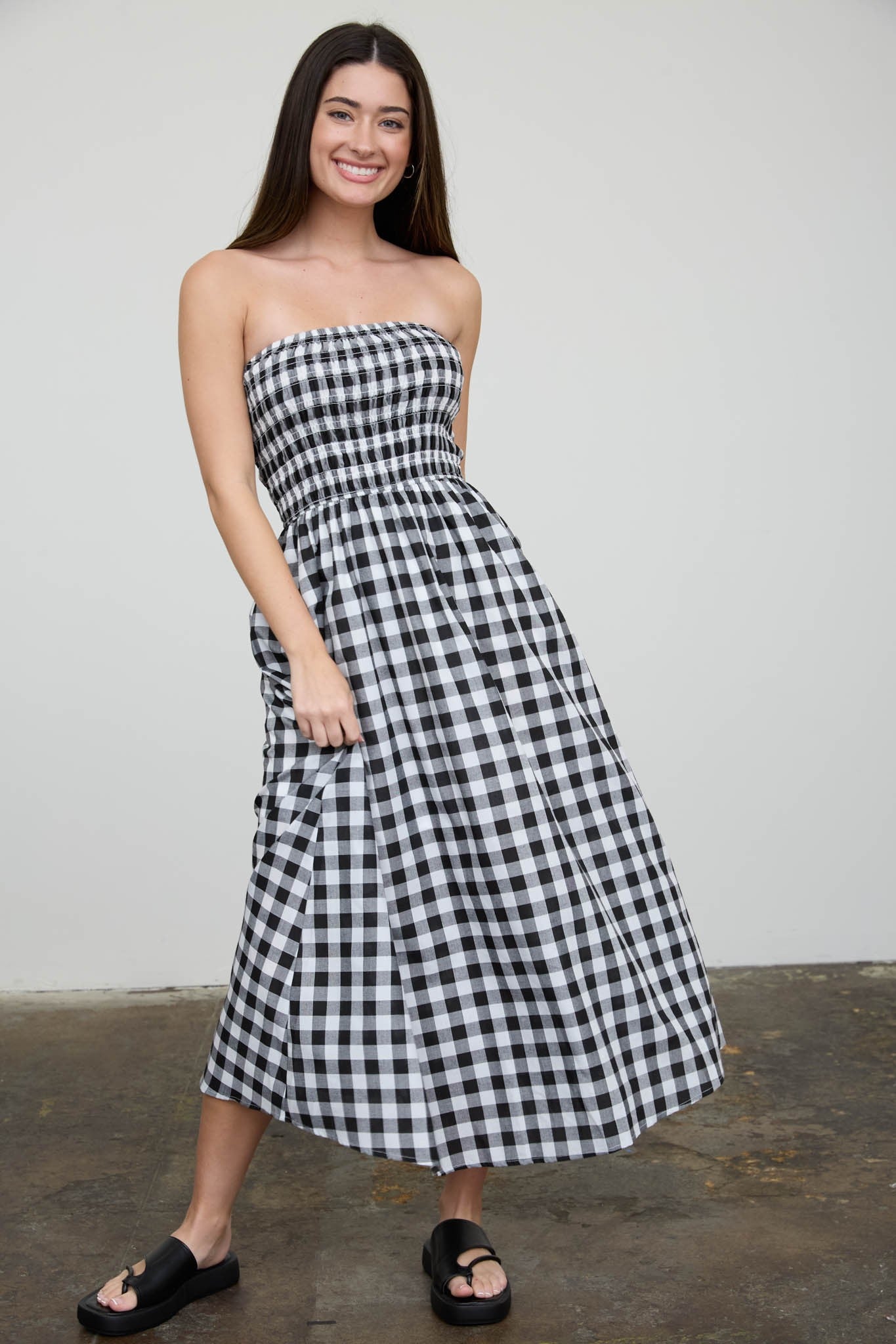 Black White Plaid Strapless Smocked Maternity Midi Dress