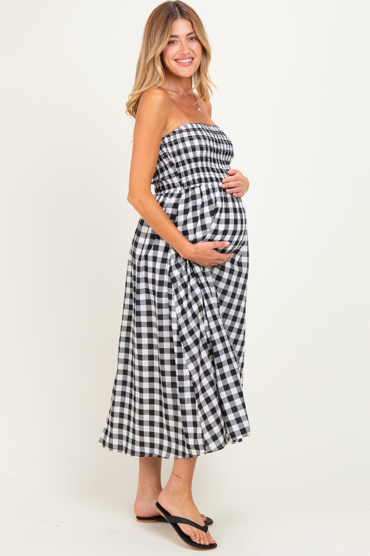 Black White Plaid Strapless Smocked Maternity Midi Dress – PinkBlush