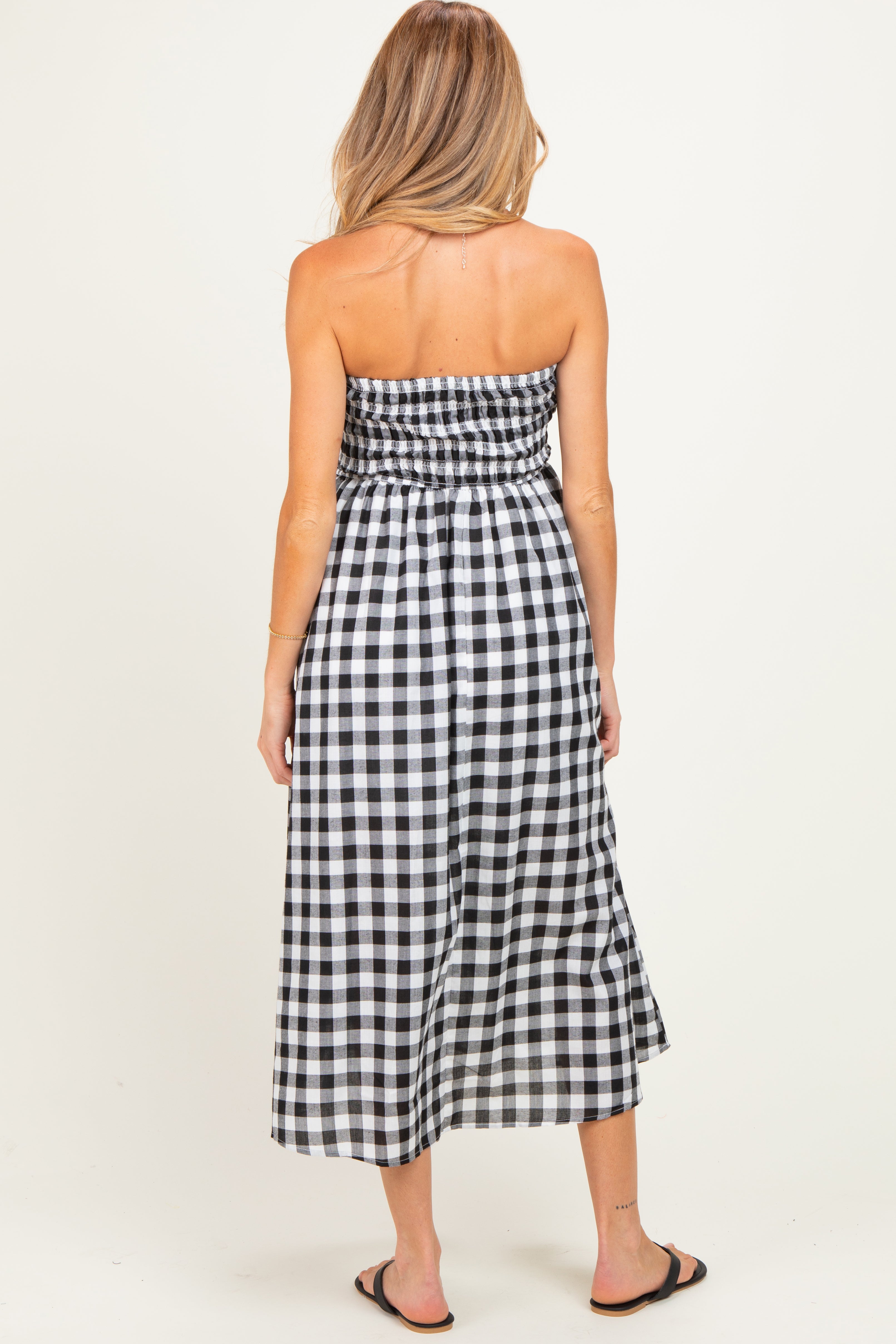 Black White Plaid Strapless Smocked Maternity Midi Dress