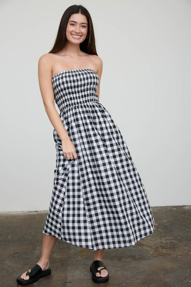 strapless midi dress casual Black White Plaid Strapless Smocked Midi Dress
