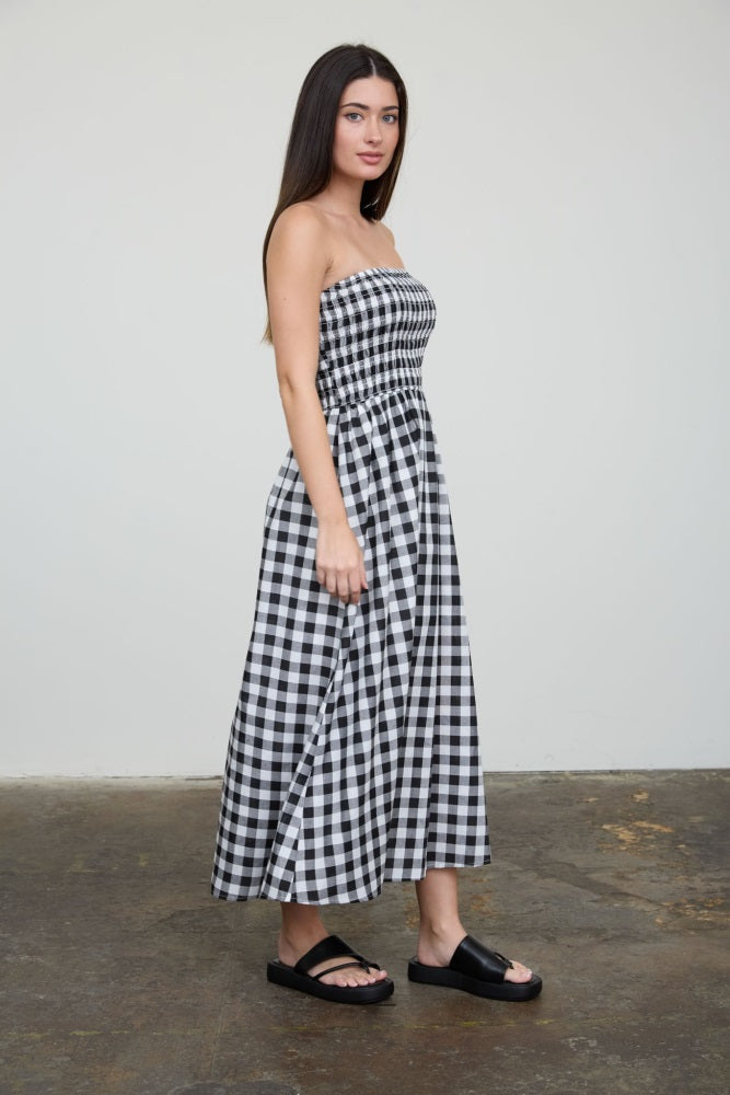 Black White Plaid Strapless Smocked Midi Dress