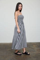 Black White Plaid Strapless Smocked Midi Dress