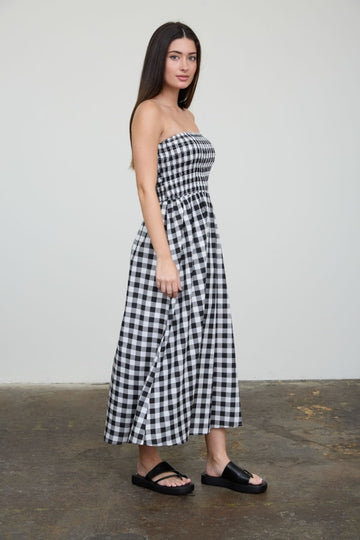 Black White Plaid Strapless Smocked Midi Dress