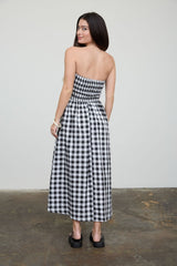 Black White Plaid Strapless Smocked Midi Dress