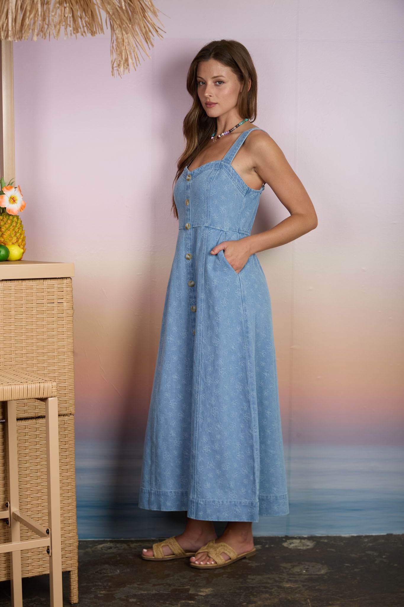 Light Denim Floral Button Down Midi Dress