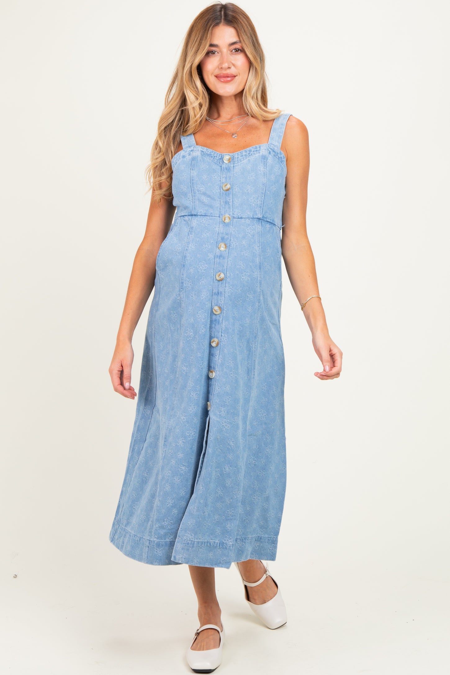 Light Denim Floral Button Down Maternity Midi Dress