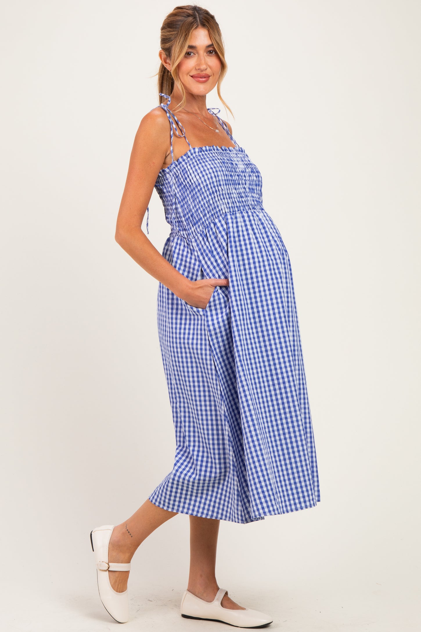 Blue Gingham Smocked Maternity Midi Dress