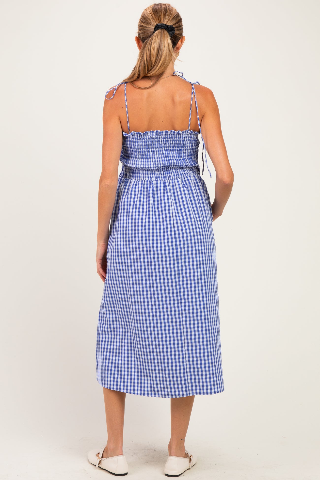 Blue Gingham Smocked Maternity Midi Dress