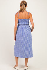 Blue Gingham Smocked Maternity Midi Dress