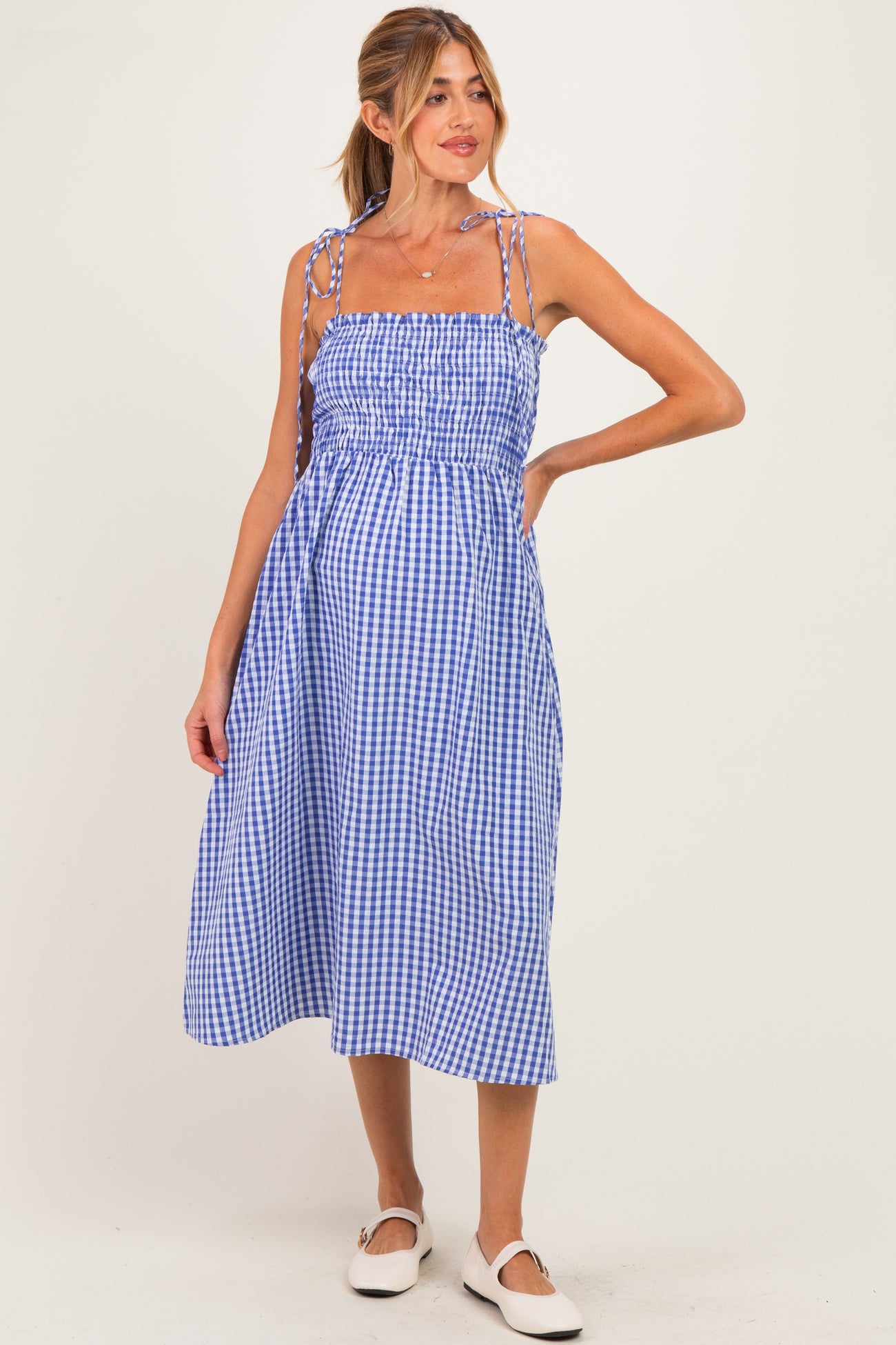 Blue Gingham Smocked Maternity Midi Dress