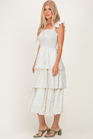 Ivory Floral Smocked Flowy Tier Midi Dress