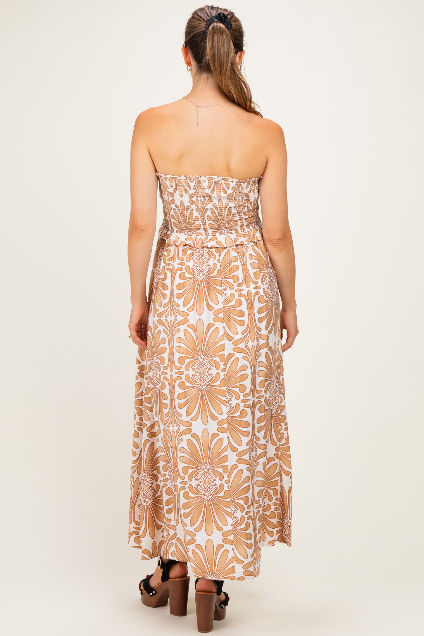Camel Damask Print Strapless Smocked Maternity Midi Dress