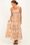 Camel Damask Print Strapless Smocked Midi Dress