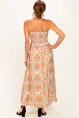 Camel Damask Print Strapless Smocked Midi Dress