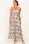 Charcoal Damask Print Strapless Smocked Midi Dress
