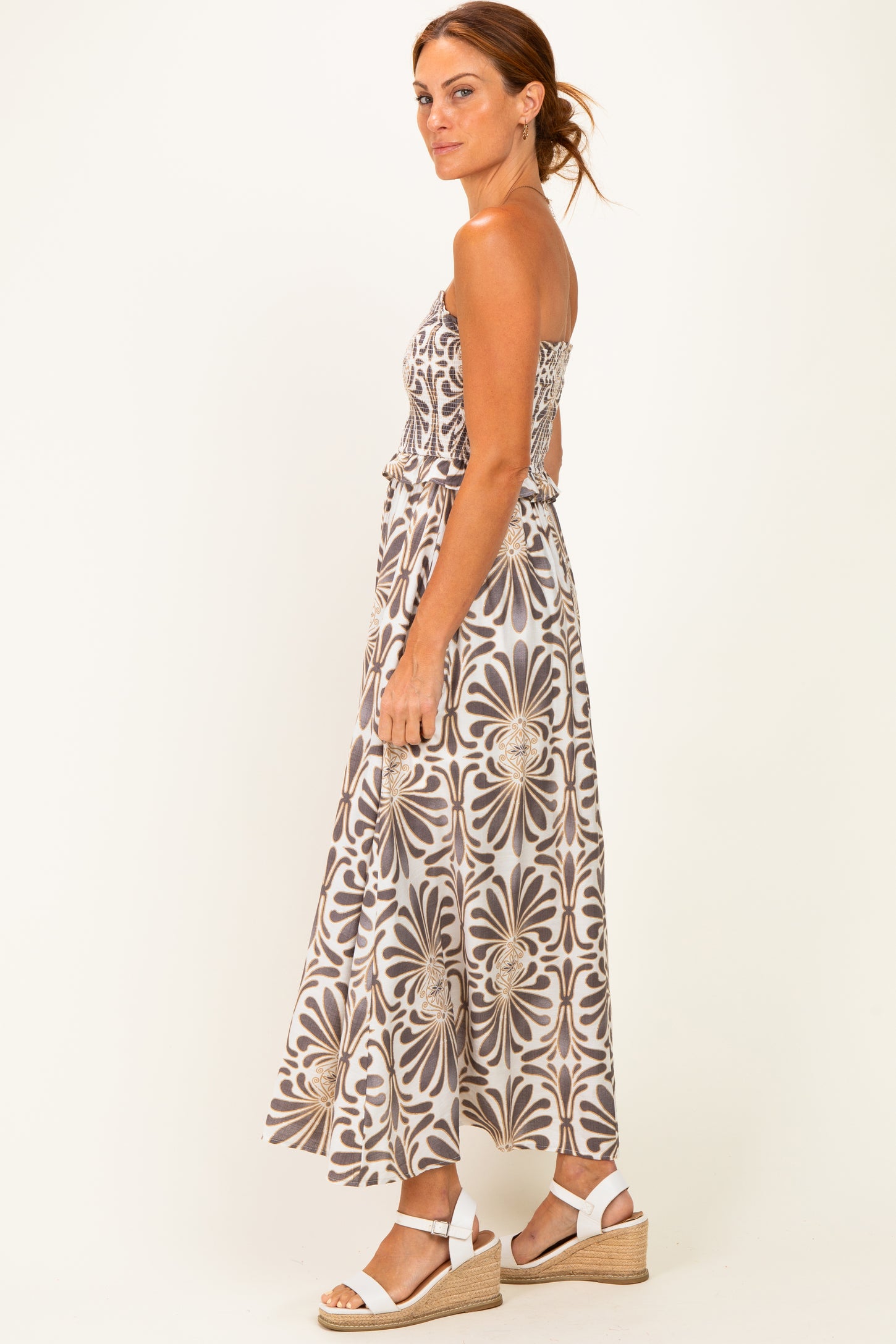 Charcoal Damask Print Strapless Smocked Midi Dress