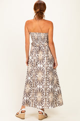 Charcoal Damask Print Strapless Smocked Midi Dress