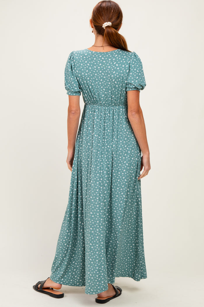 Light Olive Floral V-Neck Short Sleeve Maxi Dress