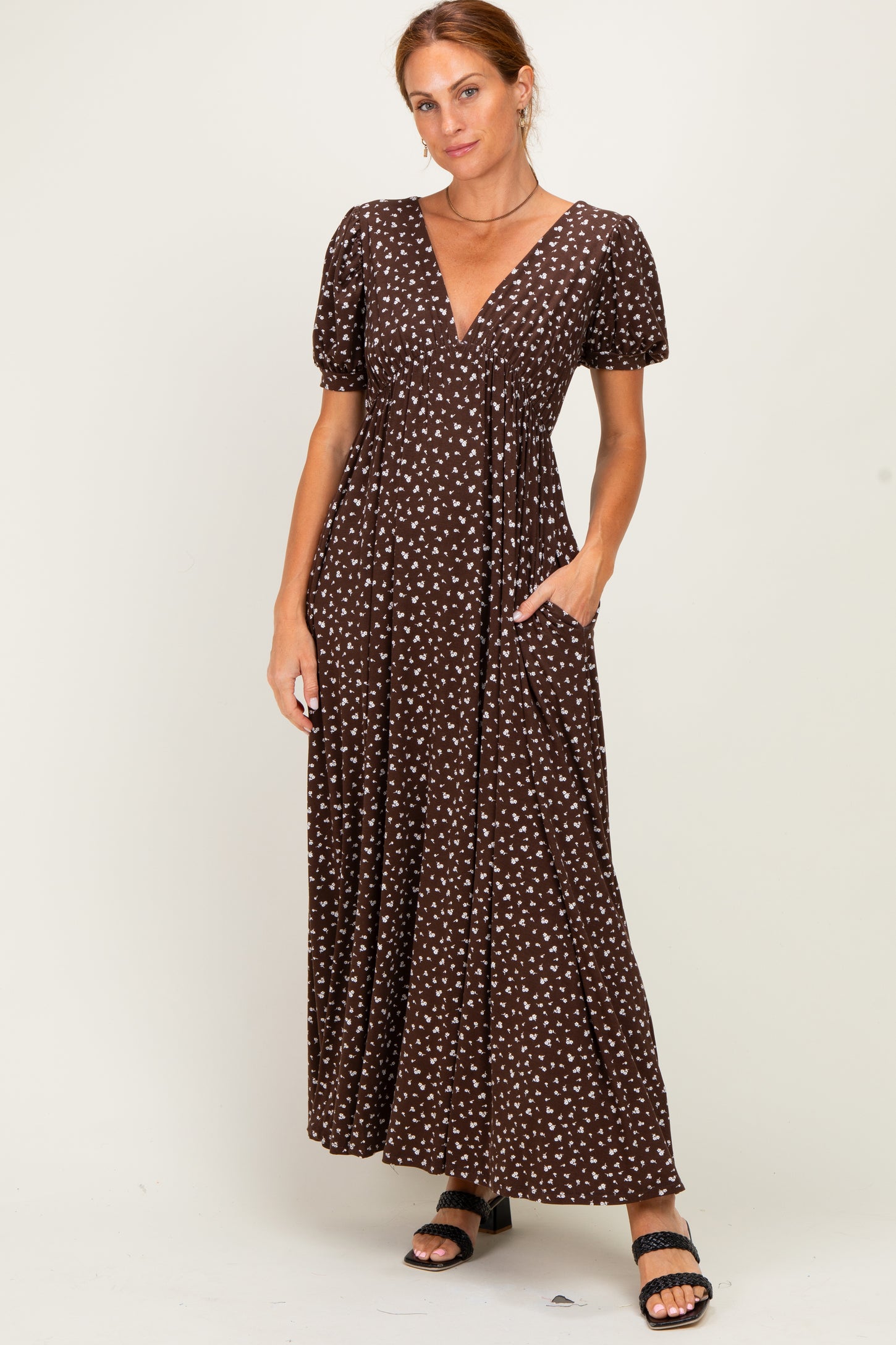Brown Floral V-Neck Short Sleeve Maternity Maxi Dress