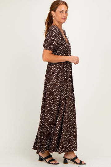 Brown Floral V-Neck Short Sleeve Maxi Dress
