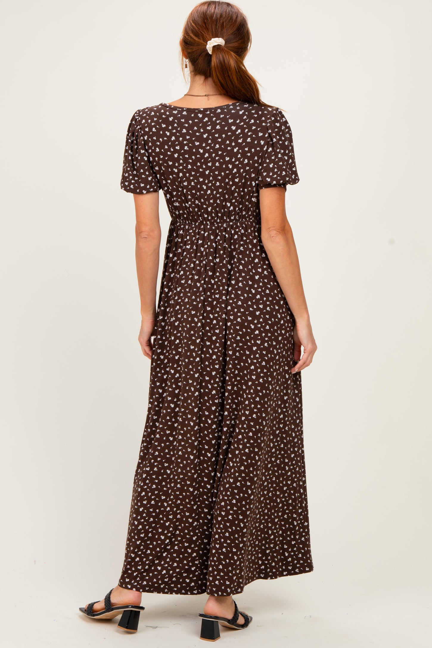 Brown Floral V-Neck Short Sleeve Maxi Dress