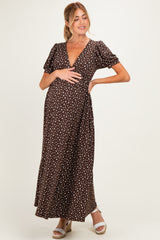 Brown Floral V-Neck Short Sleeve Maternity Maxi Dress